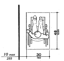 Top view of the 30 by 48 inch clear floor space for a
wheelchair, shown
a maximum of 10 inches from the wall along side it, on which an element, such as a light switch,
might be located